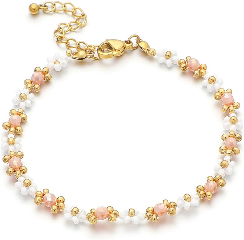 Pymach Store Dainty Gold Plated Pearl Crystal Beaded Bracelets Set for Women 14K Gold Plated Bead Pearl Beads Bracelet Stackable Paperclip Link Chain Bracelets Gold Plated Bracelets for Women Trendy Jewelry - Image 1